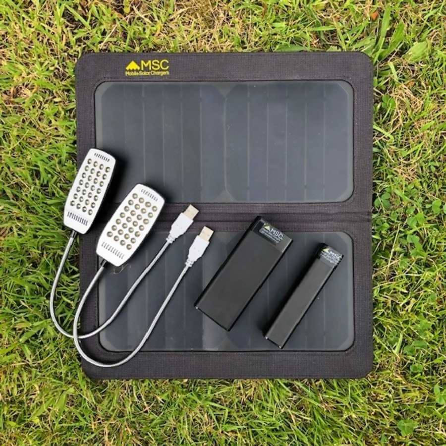 Mobile Solar Chargers - Travel & Trek Pack (13W SunPower Solar, 2 x Power Banks, 2 x LED lights)