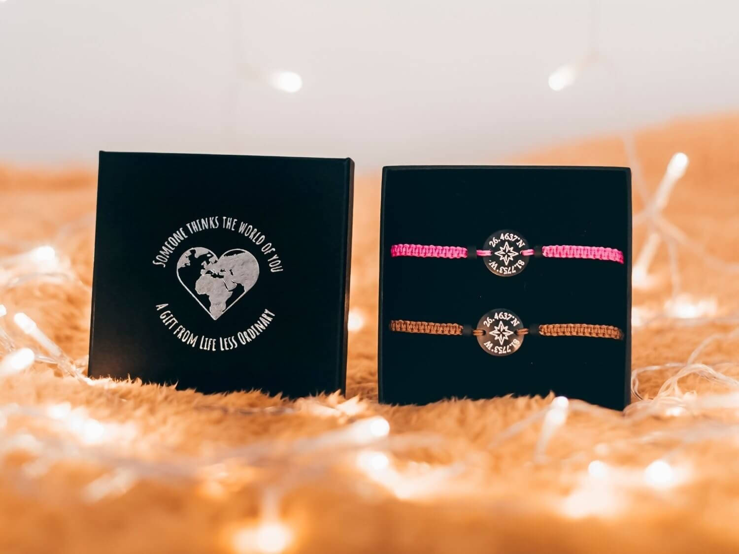 Personalised Couples Coordinates Black Compass Bracelet - Set of Two